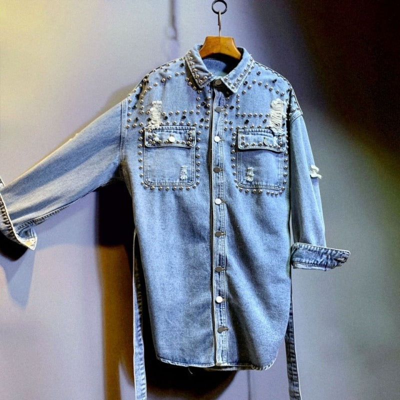 Casual women's shirt ripped denim jacket