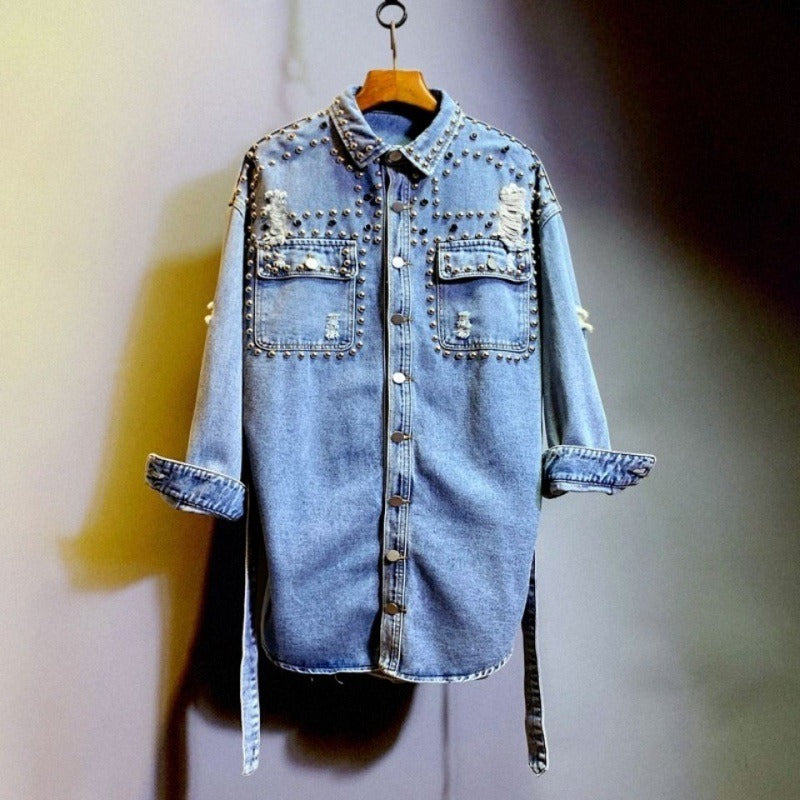 Casual women's shirt ripped denim jacket