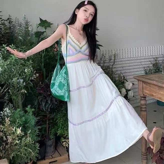 Summer Dress Suspender Hollowed Patchwork Style For Women