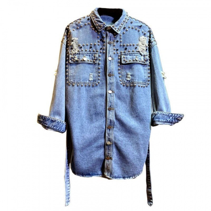 Casual women's shirt ripped denim jacket